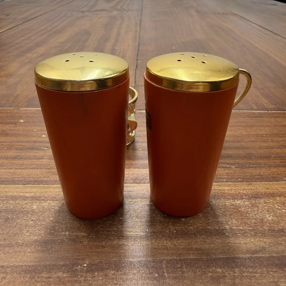Vintage MCM St Louis Zoo Salt and Pepper Shakers Japan Wood Gold Holder Kitsch
